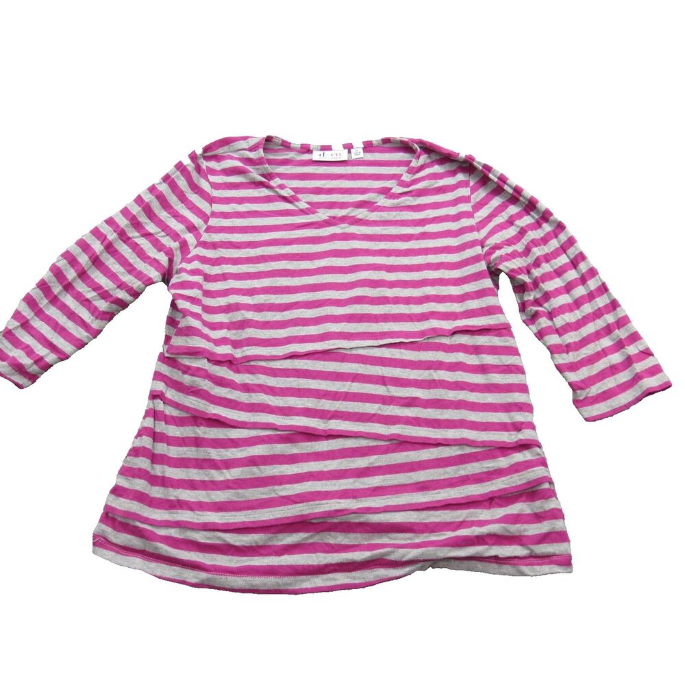 d&co Denim Company Shirt Womens Medium Pink Gray Striped 3/4 Sleeve Stretch Top